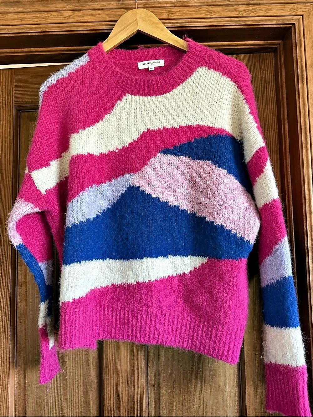 IKONNE&BIANKA Abstract Color Block Crewneck Sweater in Pink & Blue Like
